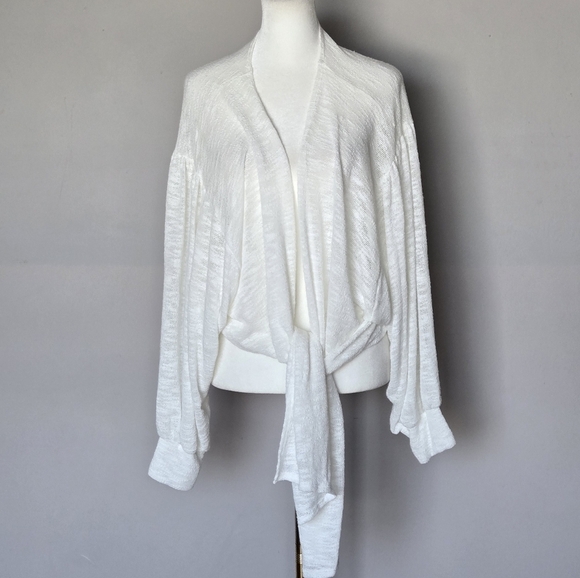 Stitch + Feather Tie Front Cardigan Balloon Sleeves Gauzy Layering Boho Sweater - Picture 2 of 12